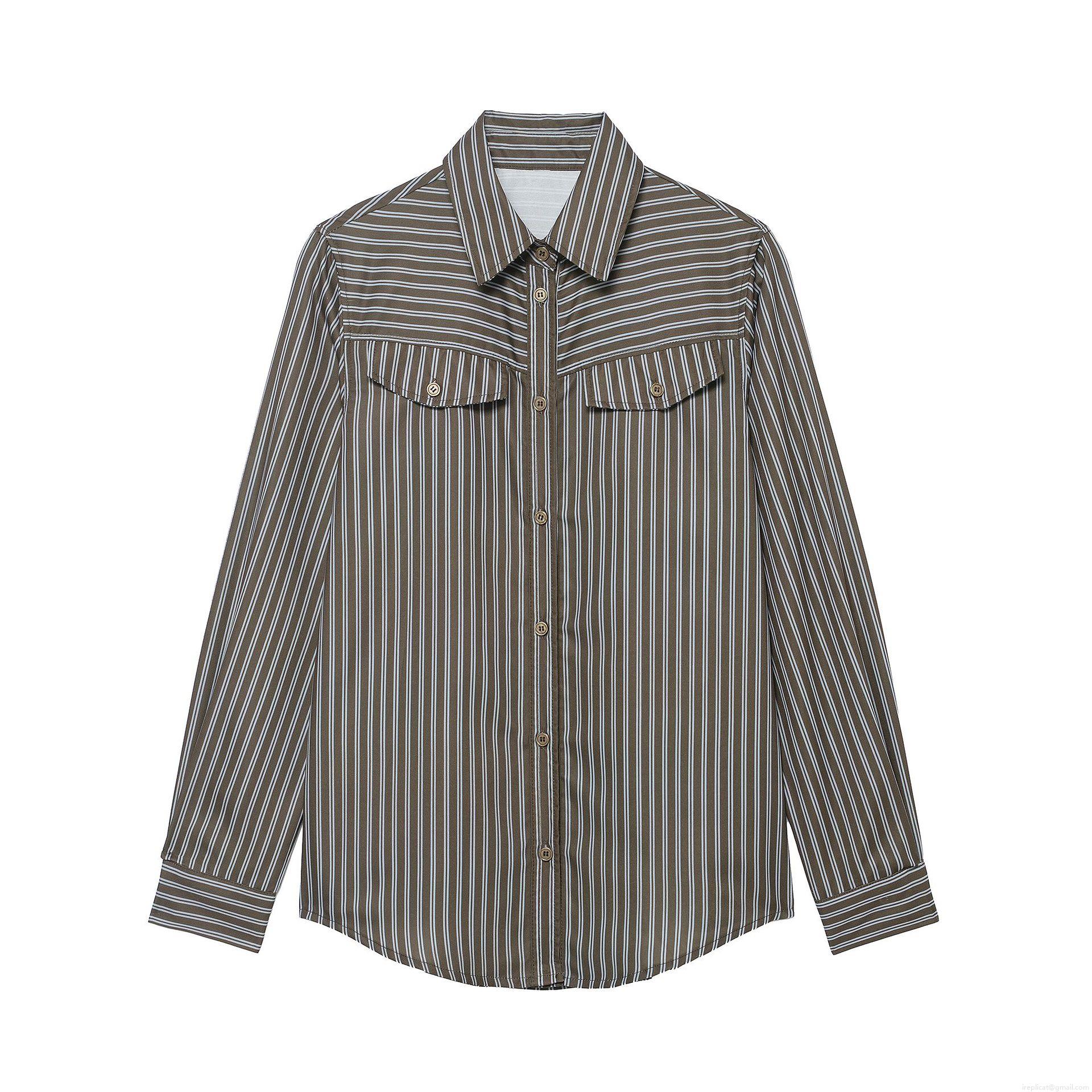 Women's Stripe Long Sleeve Button Down Shirt Polyester Poplin Blouse With Double Pockets Casual Office Work Regular Fit Tops