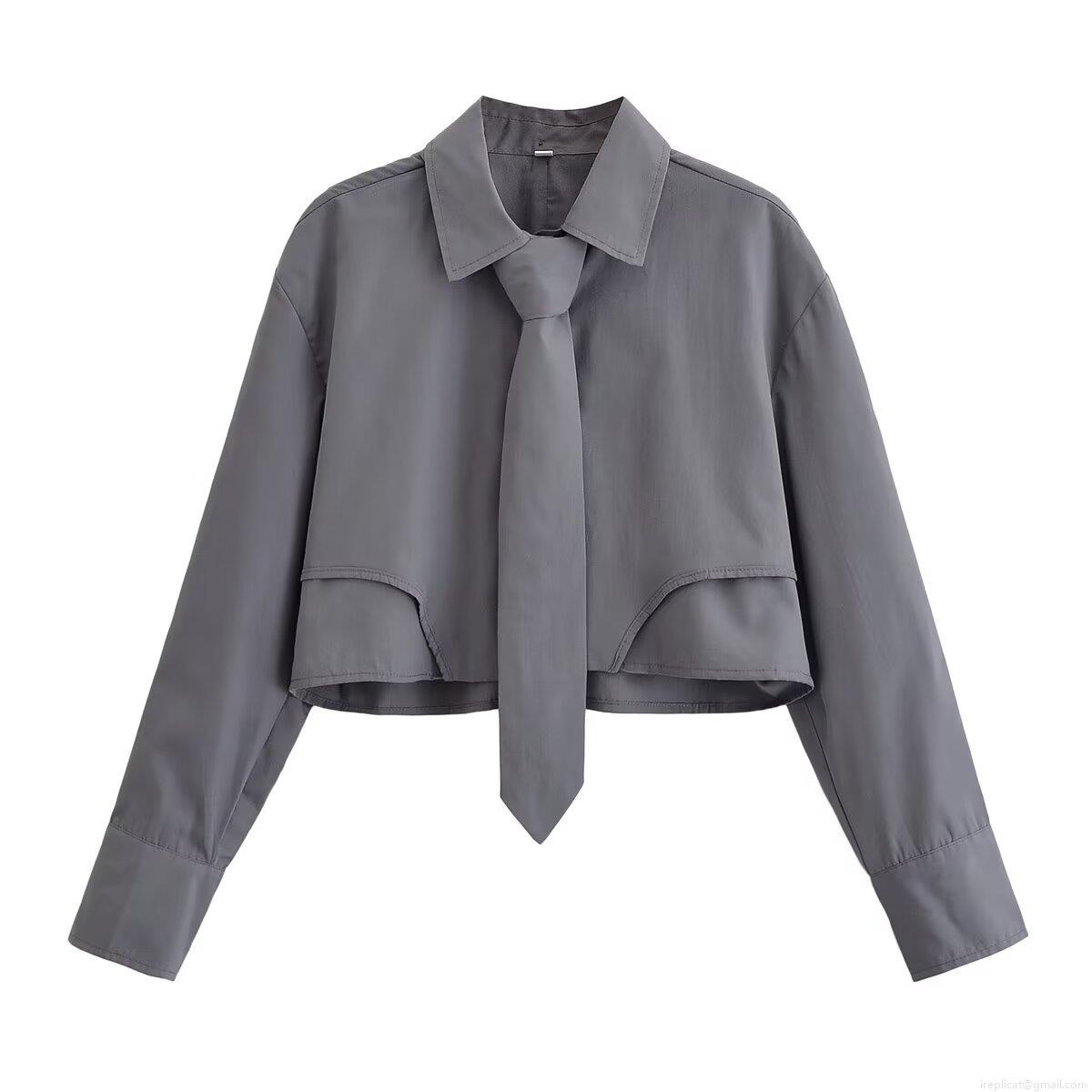 Women's Cropped Long Sleeve Polyester Shirt With Matching Tie Solid Deep Space Grey Blouse Modern Preppy Style Top For Office Daily School