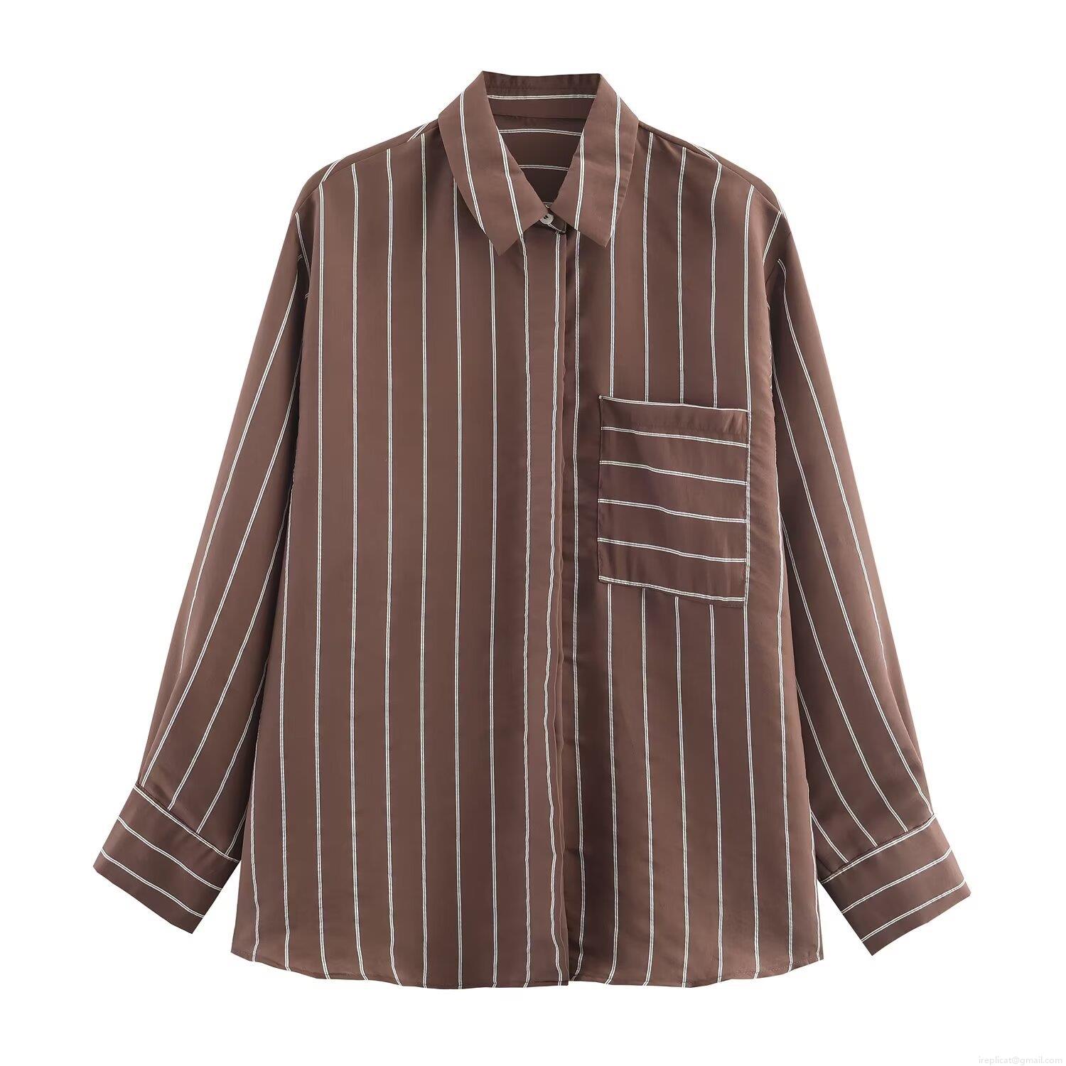 Women's Elegant Coffee White Striped Long Sleeve Shirt With Single Pocket Chic Polyester Button Down Blouse For Casual Daily Office Wear