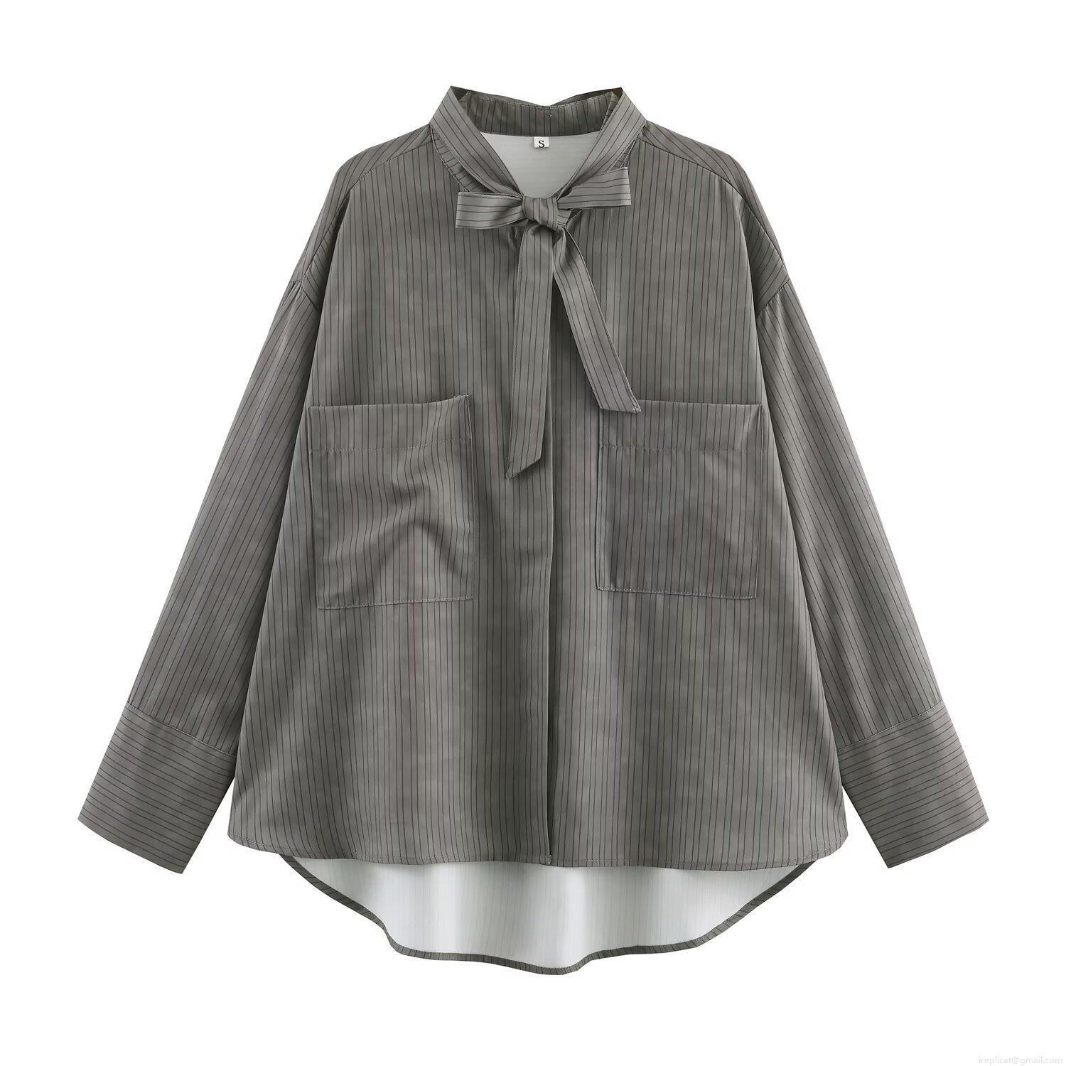 Women Vertical Stripe Long Sleeve Shirt With Bow Tie Neck Polyester Spandex Blouse Double Pockets Office Elegant Casual Fashion Top