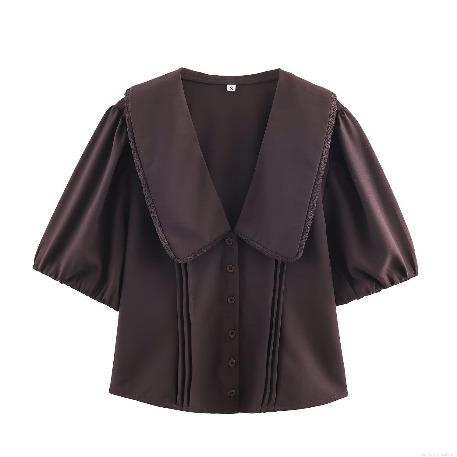 Women's Retro Coffee Polyester Blouse Elegant Bubble Sleeve Lace Trim Peter Pan Collar Button Down Shirt For Daily Wear Women Fashion Tops