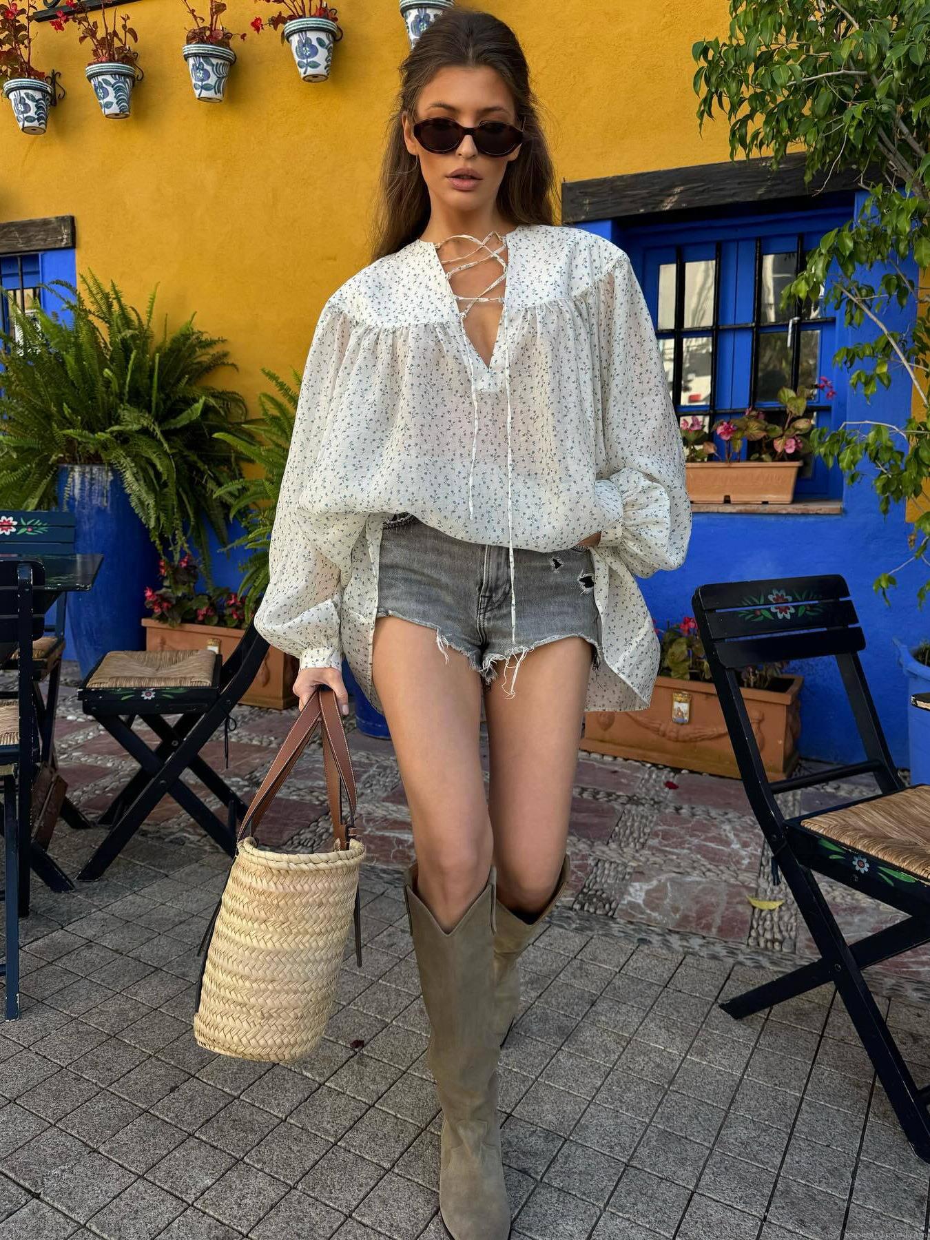 Women's Floral Print Blouse Linen Blend V Neck Lace Up Top Bohemian Vacation Long Lantern Sleeve White Blue Floral Shirt for Women